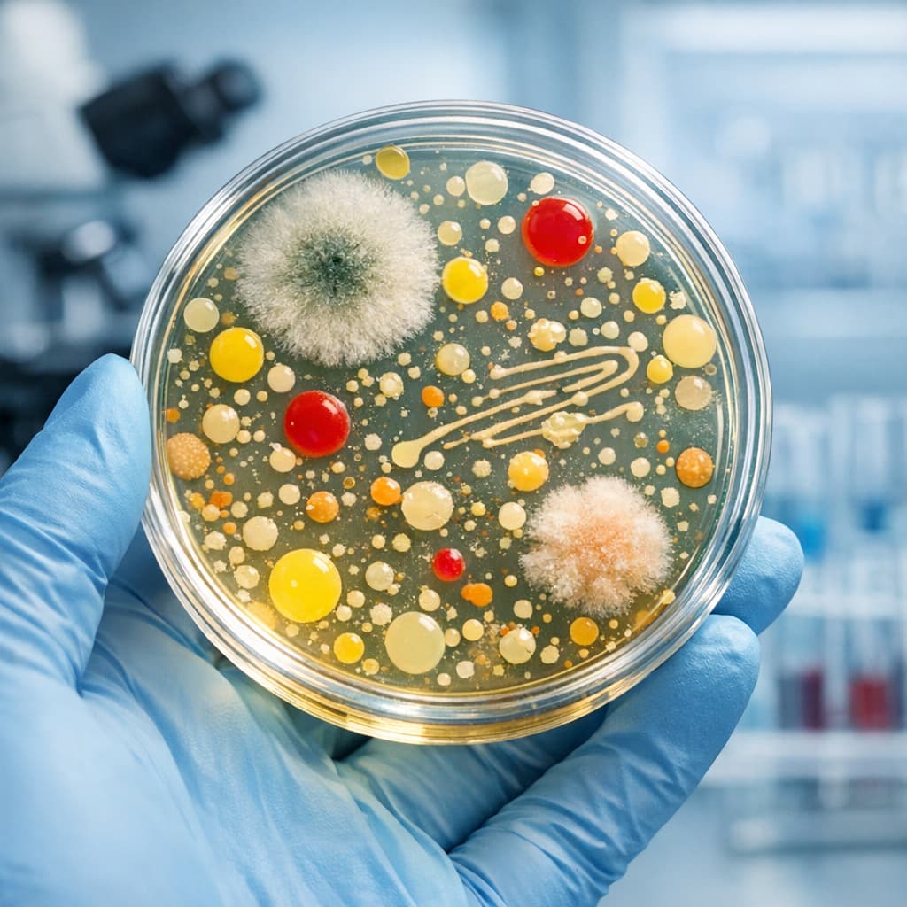 Bacteria in a petri dish held by a doctor's hand in an unfocused laboratory.