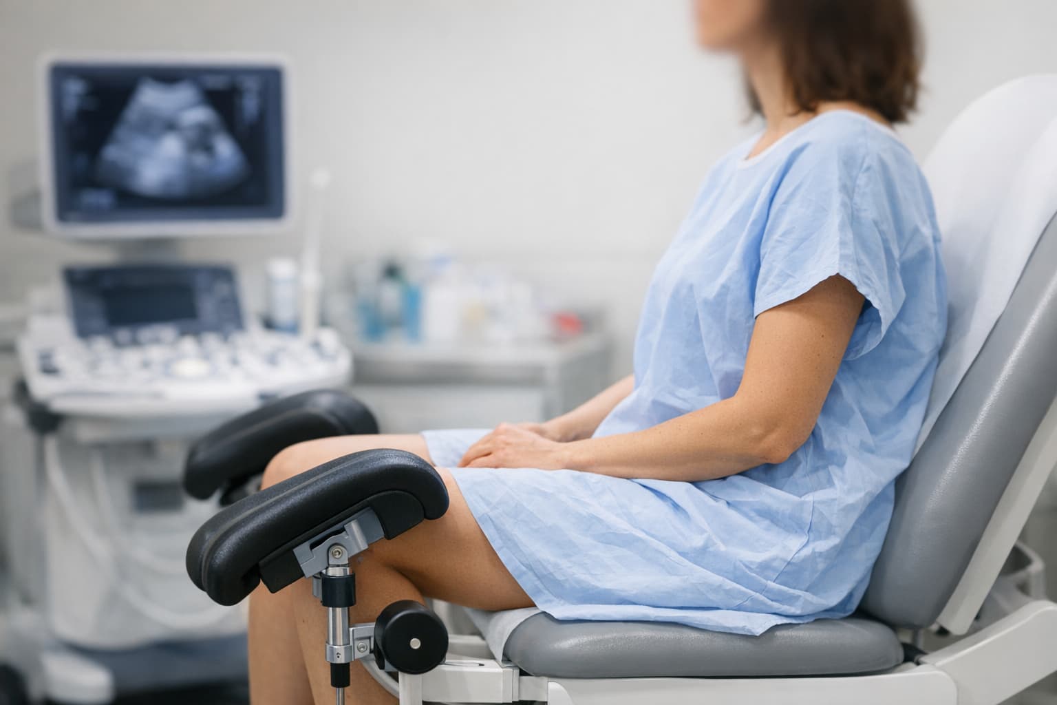 Woman on gynecological chair in hospital dress, side view, blurred head, unfocused medical office background with ultrasound.
