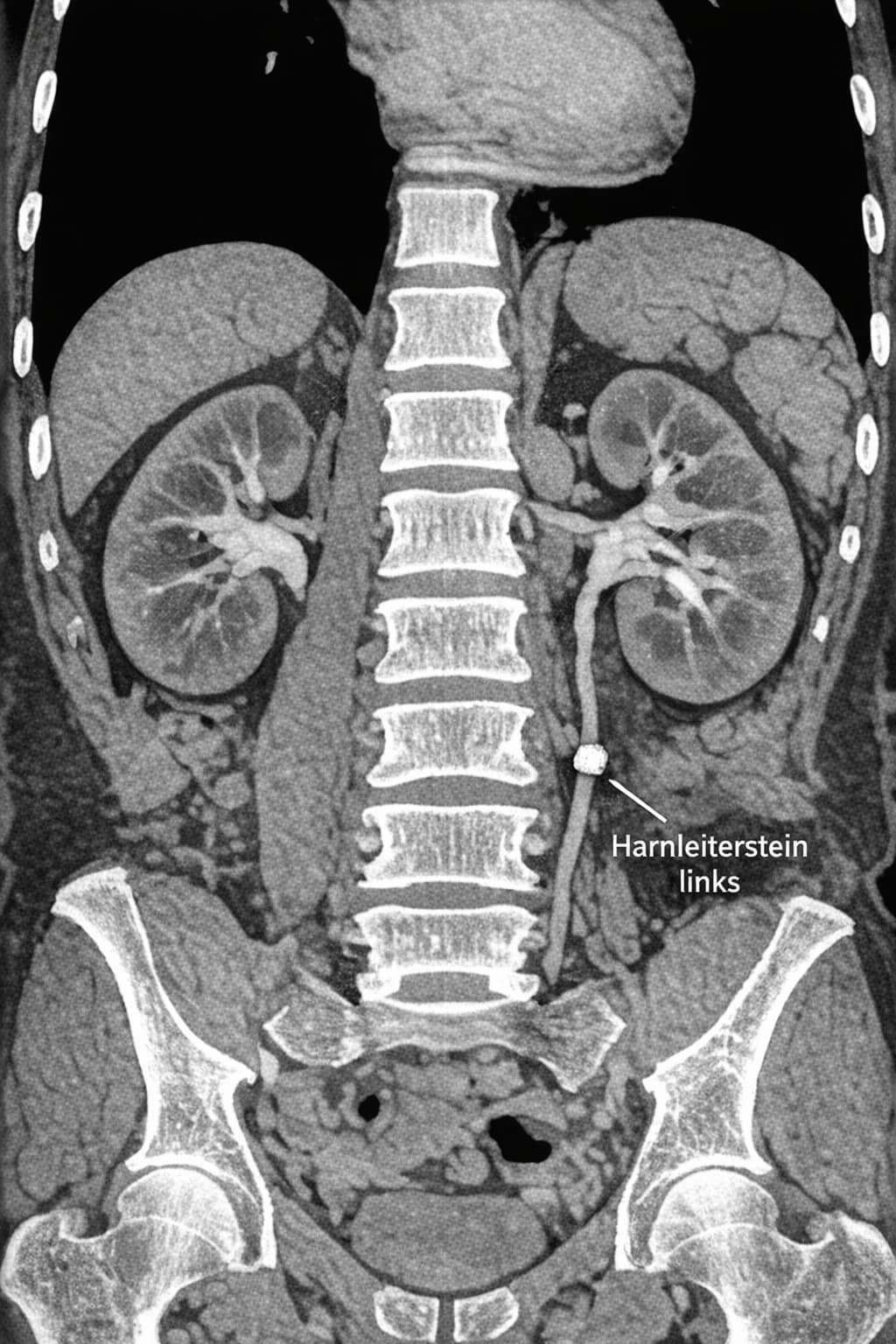 CT scan of kidneys with left-sided ureteral stone and text 'Harnleiterstein links'