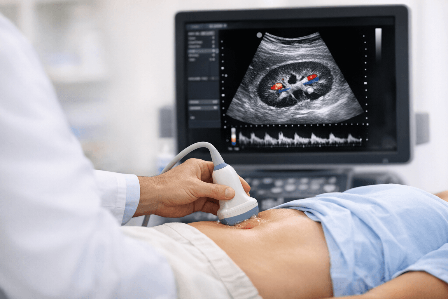 Doctor performing an ultrasound in a medical practice, showing a kidney on the monitor with blurred background