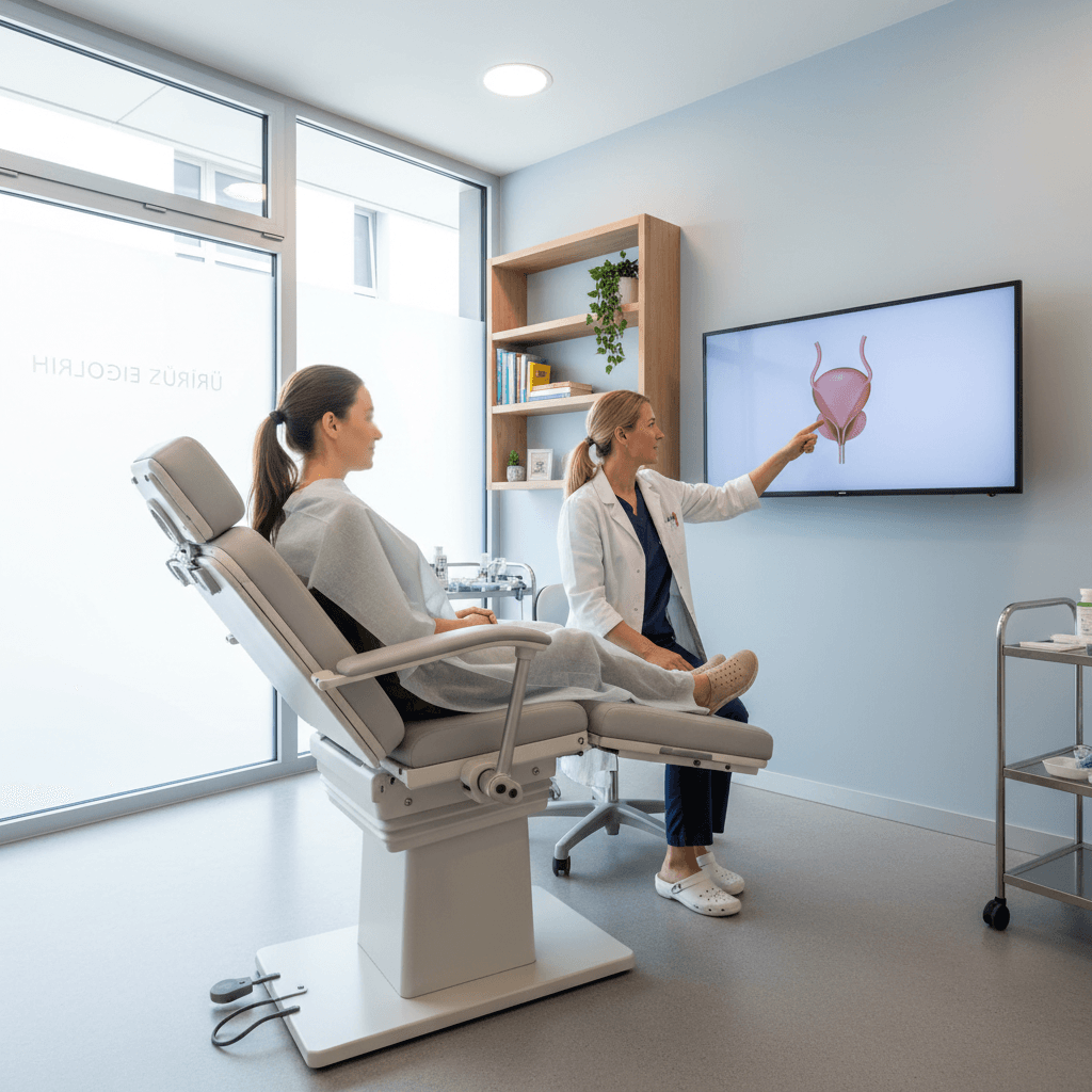 Woman in a medical consultation at a urological clinic, side view with discretion.